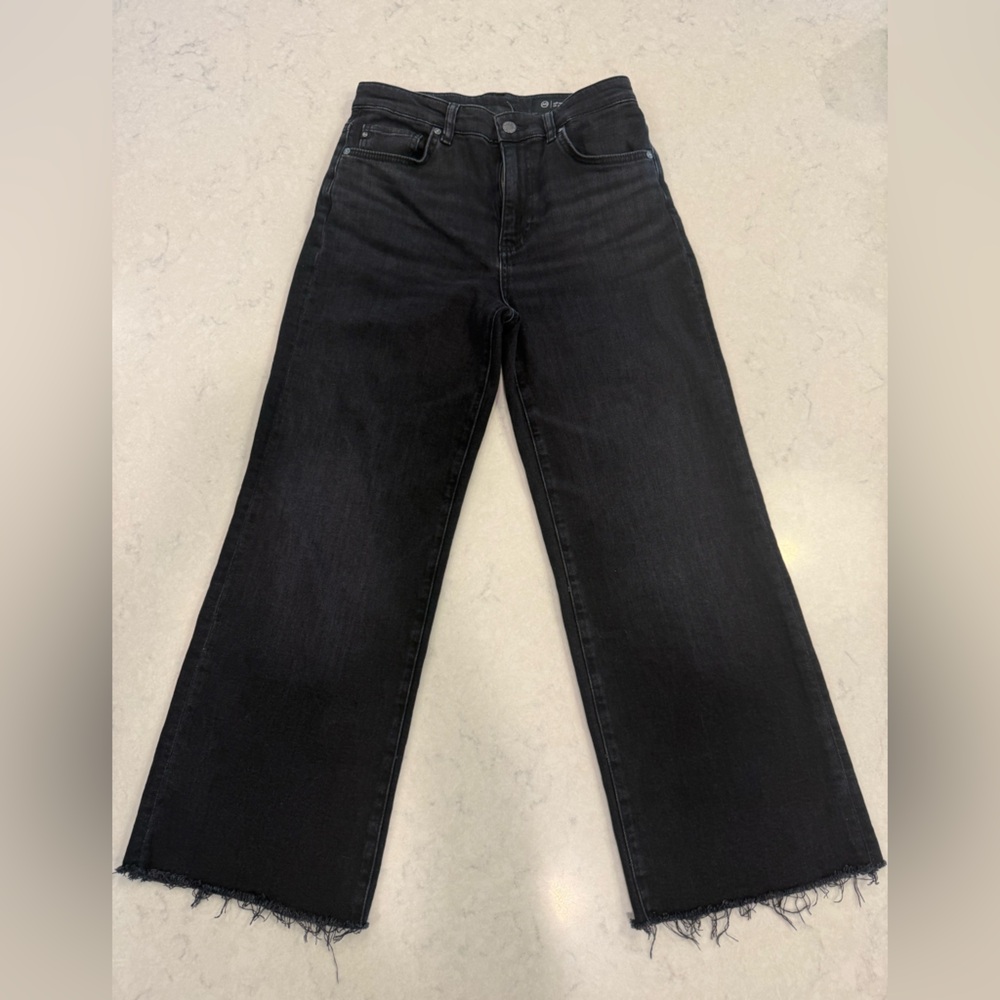 AG Adriano Goldschmied Sz 26 Black Saige Wide-Leg mid rise Raw-Hem Jeans